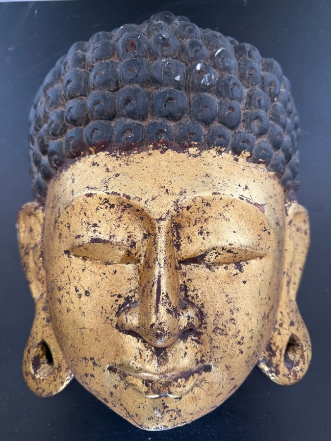Vintage Thai Gilt Wood Buddha Mask Wall Hanging With Distressed Gold Leaf Finish 10W X 13H X 3.5D [Photo 2]