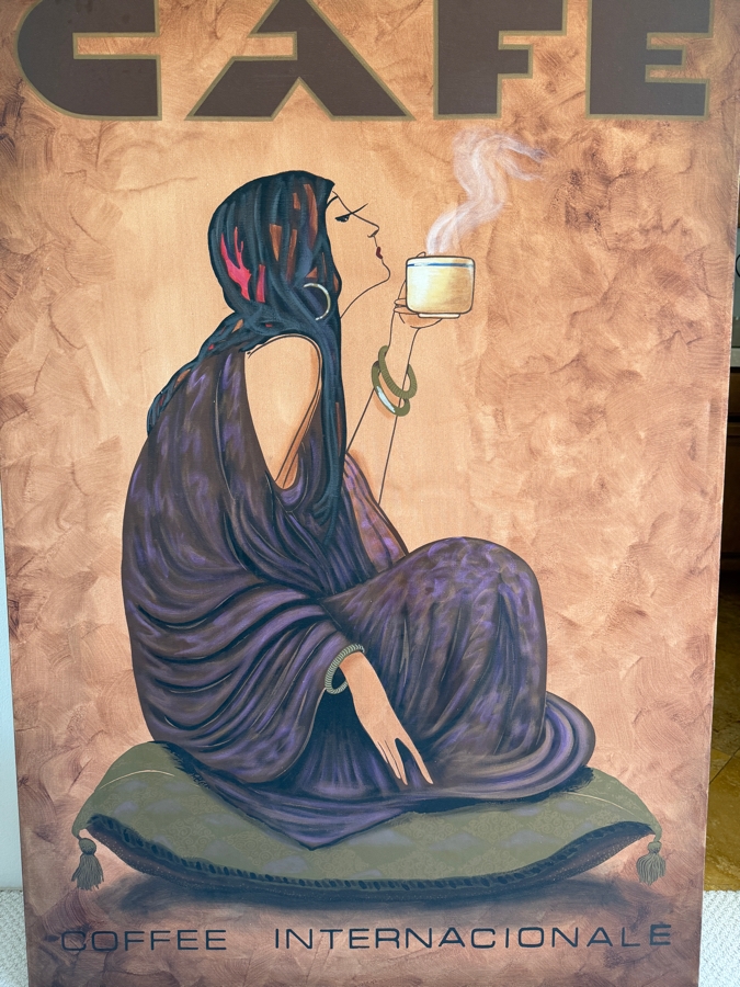 Cafe Coffee Internacionale Art Print Featuring Stylized Woman Seated With Steaming Cup 40'W X 60'H [Photo 3]