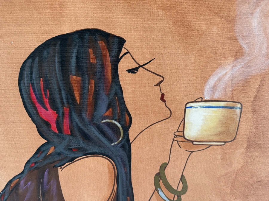 Cafe Coffee Internacionale Art Print Featuring Stylized Woman Seated With Steaming Cup 40'W X 60'H [Photo 4]