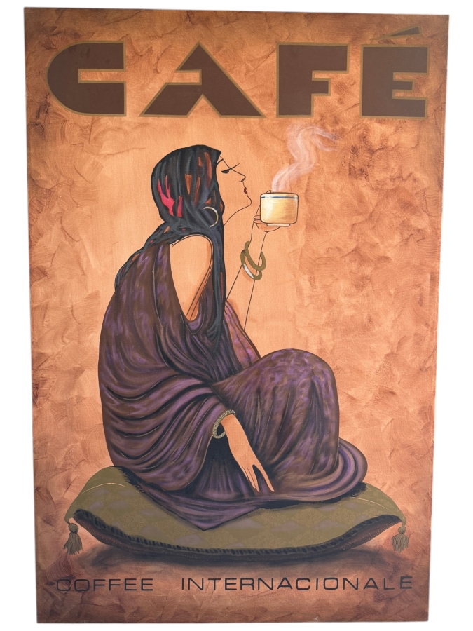 Cafe Coffee Internacionale Art Print Featuring Stylized Woman Seated With Steaming Cup 40'W X 60'H