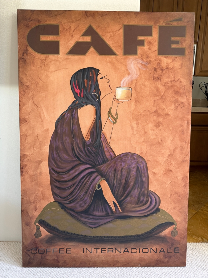 Cafe Coffee Internacionale Art Print Featuring Stylized Woman Seated With Steaming Cup 40'W X 60'H [Photo 2]