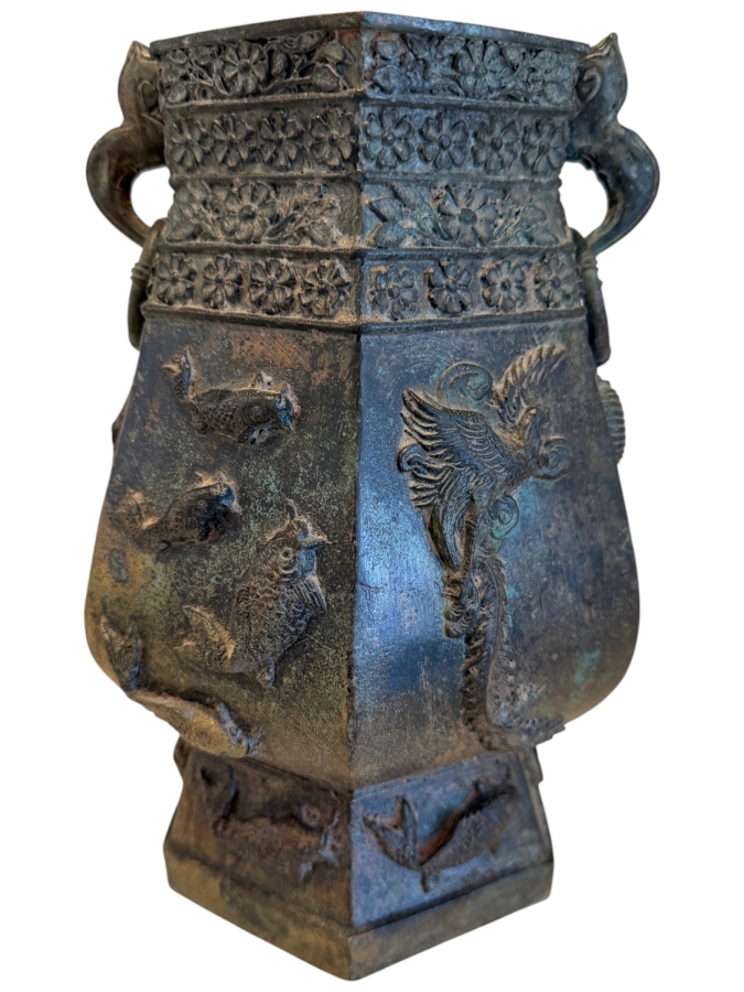 Archaic Style Chinese Hexagonal Bronze Vase Featuring High Relief Dragon And Fish Motifs And Weathered Verdigris Patina 9'H