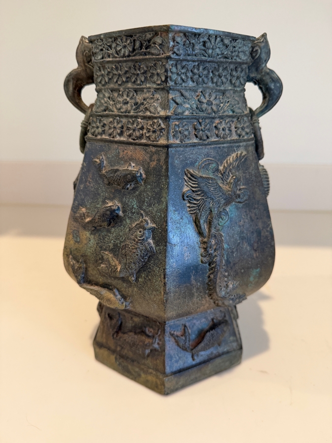Archaic Style Chinese Hexagonal Bronze Vase Featuring High Relief Dragon And Fish Motifs And Weathered Verdigris Patina 9'H [Photo 2]