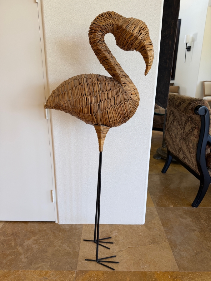 Large Hand Woven Wicker Flamingo Floor Sculpture With Slender Iron Legs 54'H