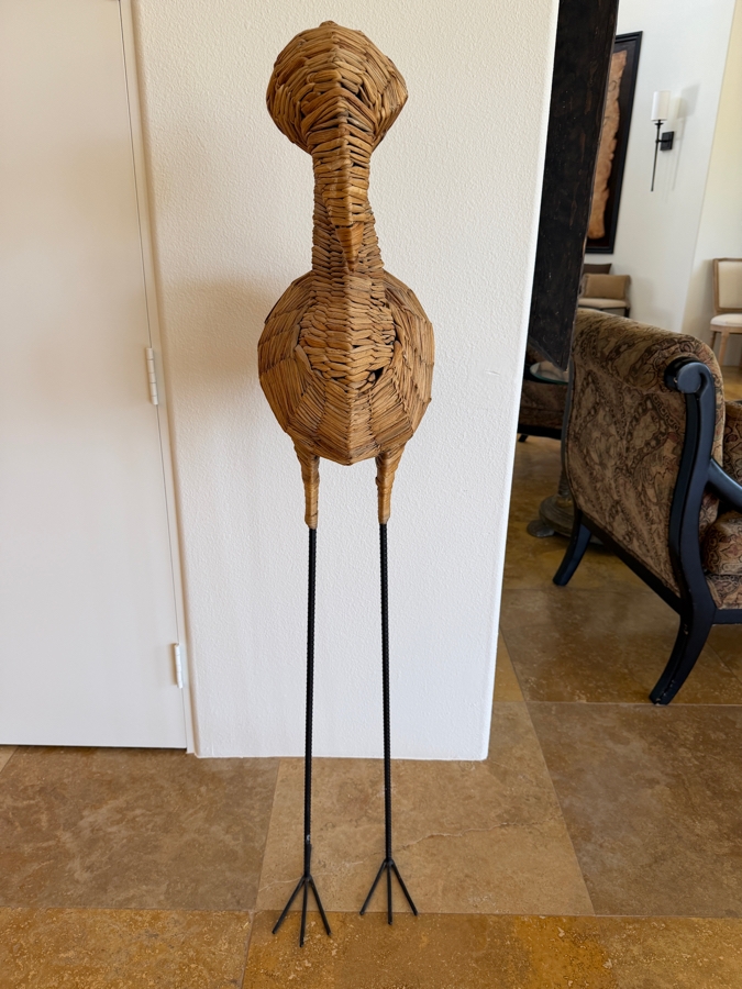 Large Hand Woven Wicker Flamingo Floor Sculpture With Slender Iron Legs 54'H [Photo 3]