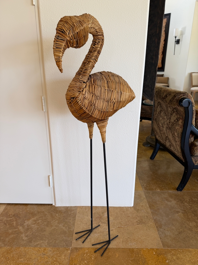 Large Hand Woven Wicker Flamingo Floor Sculpture With Slender Iron Legs 54'H [Photo 4]