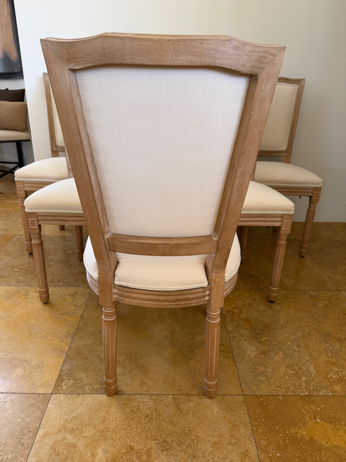 Set Of (6) French Provincial Louis XVI Style Dining Chairs With Weathered Oak Frames, Tapered Fluted Legs And Neutral Cream Linen Upholstery 19'W X 16'D X 40'H [Photo 6]