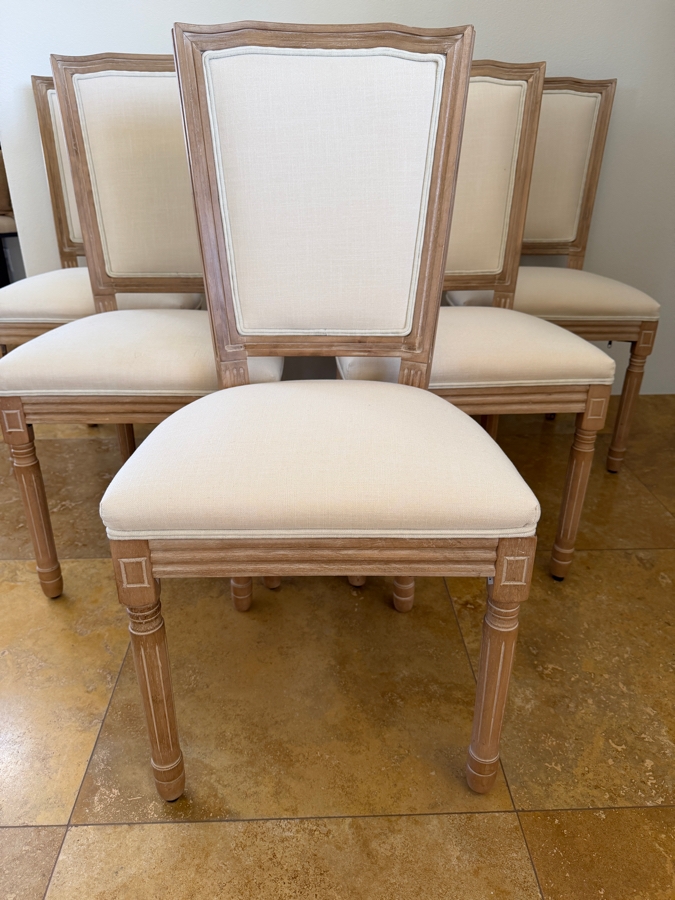 Set Of (6) French Provincial Louis XVI Style Dining Chairs With Weathered Oak Frames, Tapered Fluted Legs And Neutral Cream Linen Upholstery 19'W X 16'D X 40'H [Photo 4]