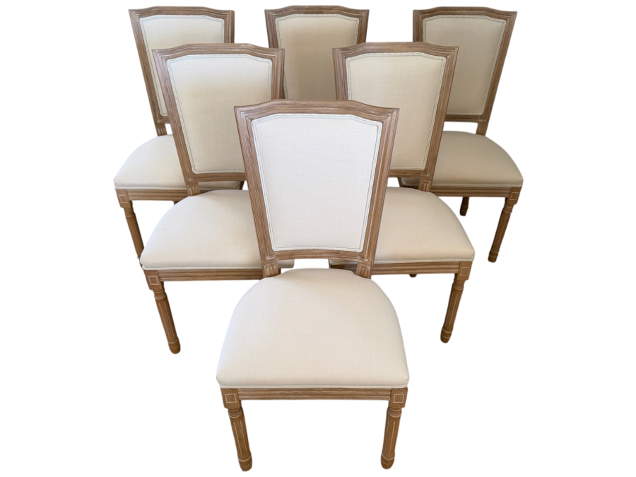 Set Of (6) French Provincial Louis XVI Style Dining Chairs With Weathered Oak Frames, Tapered Fluted Legs And Neutral Cream Linen Upholstery 19'W X 16'D X 40'H