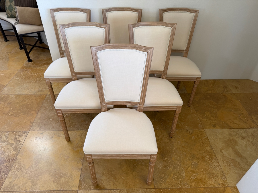 Set Of (6) French Provincial Louis XVI Style Dining Chairs With Weathered Oak Frames, Tapered Fluted Legs And Neutral Cream Linen Upholstery 19'W X 16'D X 40'H [Photo 2]