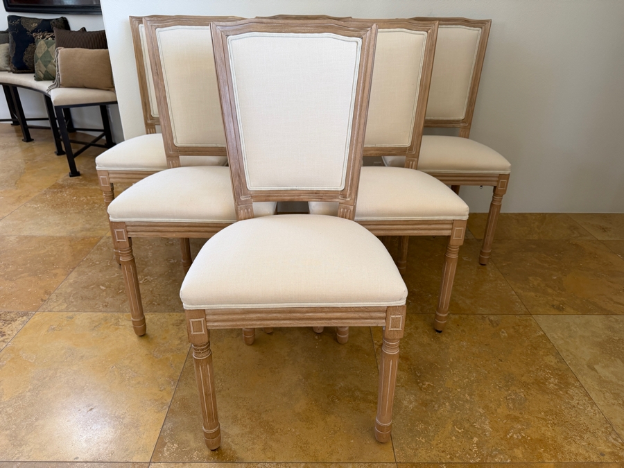 Set Of (6) French Provincial Louis XVI Style Dining Chairs With Weathered Oak Frames, Tapered Fluted Legs And Neutral Cream Linen Upholstery 19'W X 16'D X 40'H [Photo 3]
