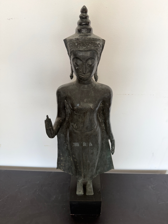 LARGE Thai Bronze Standing Buddha Sculpture Featuring The Abhaya Mudra Gesture Tiered Flame Headdress And Weathered Patina On A Black Gallery Pedestal 41'H
 [Photo 3]