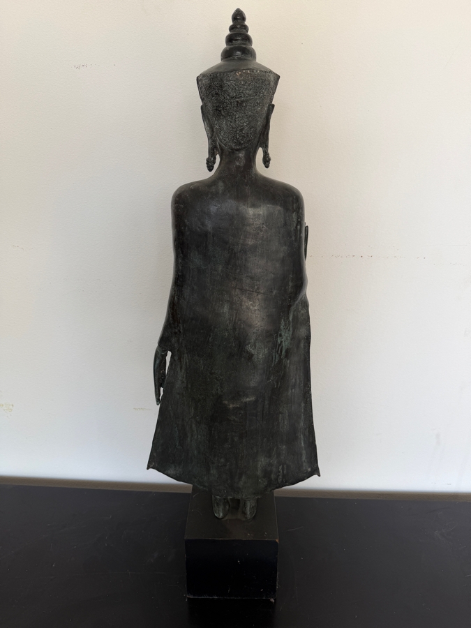 LARGE Thai Bronze Standing Buddha Sculpture Featuring The Abhaya Mudra Gesture Tiered Flame Headdress And Weathered Patina On A Black Gallery Pedestal 41'H
 [Photo 5]