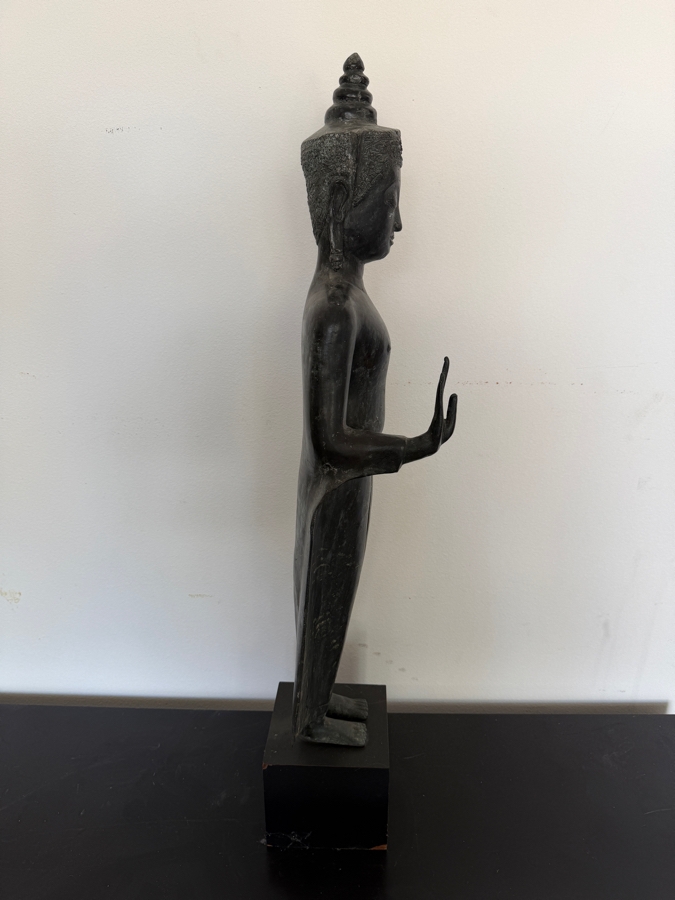 LARGE Thai Bronze Standing Buddha Sculpture Featuring The Abhaya Mudra Gesture Tiered Flame Headdress And Weathered Patina On A Black Gallery Pedestal 41'H
 [Photo 4]