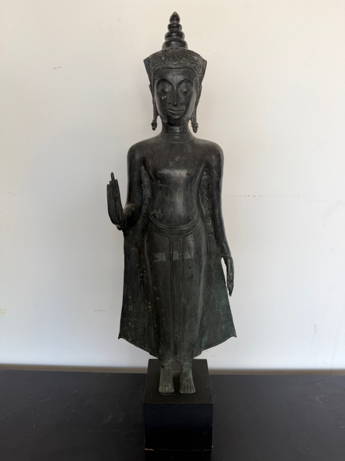 LARGE Thai Bronze Standing Buddha Sculpture Featuring The Abhaya Mudra Gesture Tiered Flame Headdress And Weathered Patina On A Black Gallery Pedestal 41'H
 [Photo 2]