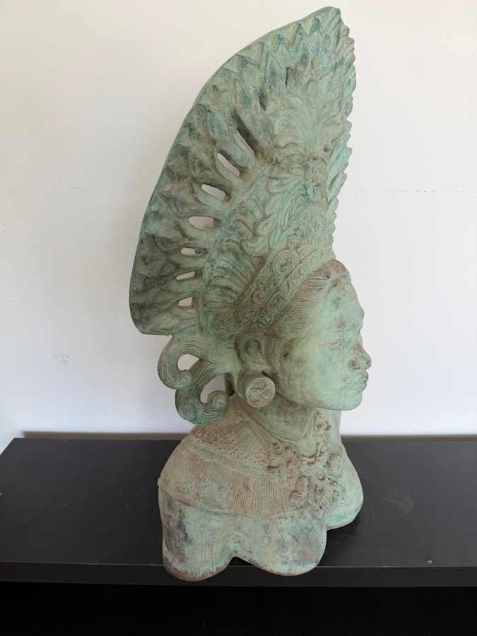 LARGE Balinese Bronze Apsara Bust With Ornate Fan Headdress And Verdigris Patina 21'W X 12'D X 36'H [Photo 6]