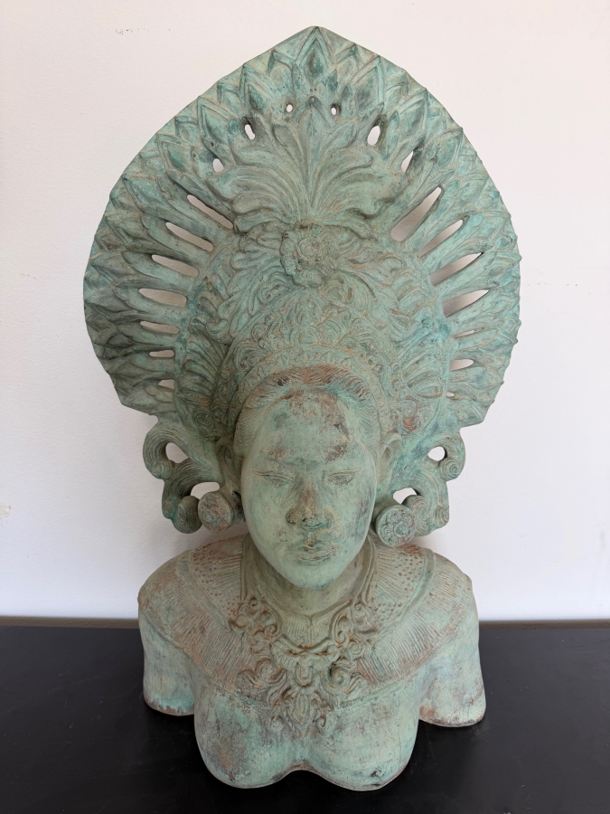 LARGE Balinese Bronze Apsara Bust With Ornate Fan Headdress And Verdigris Patina 21'W X 12'D X 36'H [Photo 2]