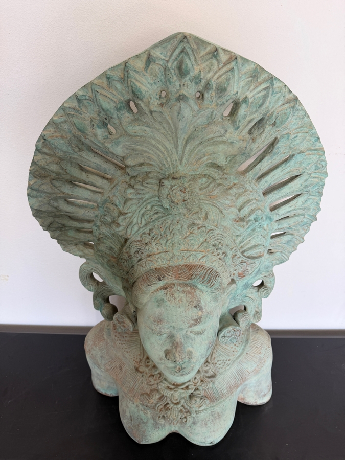 LARGE Balinese Bronze Apsara Bust With Ornate Fan Headdress And Verdigris Patina 21'W X 12'D X 36'H [Photo 3]
