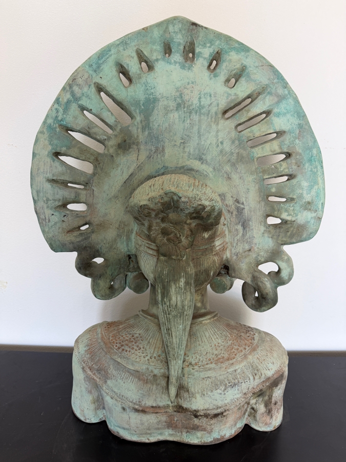 LARGE Balinese Bronze Apsara Bust With Ornate Fan Headdress And Verdigris Patina 21'W X 12'D X 36'H [Photo 7]