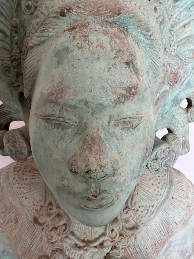 LARGE Balinese Bronze Apsara Bust With Ornate Fan Headdress And Verdigris Patina 21'W X 12'D X 36'H [Photo 4]