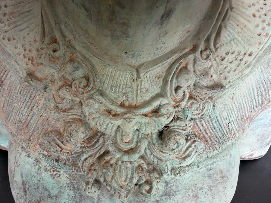 LARGE Balinese Bronze Apsara Bust With Ornate Fan Headdress And Verdigris Patina 21'W X 12'D X 36'H [Photo 5]