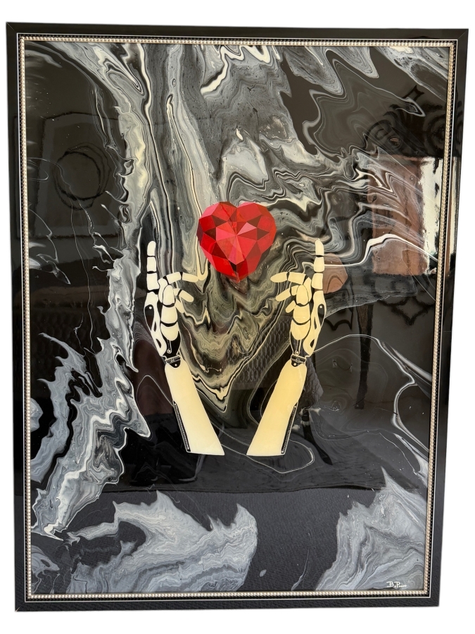 Original Contemporary Mixed Media Acrylic And Resin Pour Painting By Artist B. Powers Featuring High Gloss Finish And Signature Rhinestone Accent 37'W X 50'H
