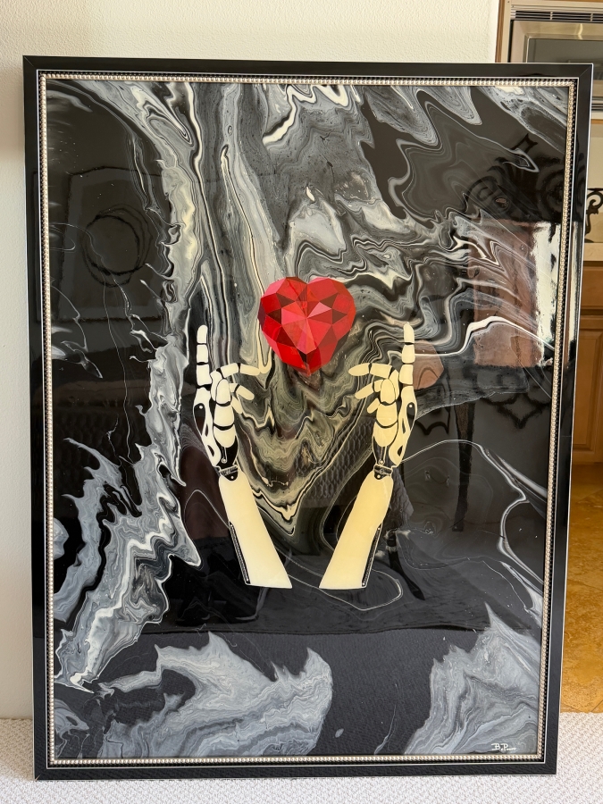 Original Contemporary Mixed Media Acrylic And Resin Pour Painting By Artist B. Powers Featuring High Gloss Finish And Signature Rhinestone Accent 37'W X 50'H [Photo 2]