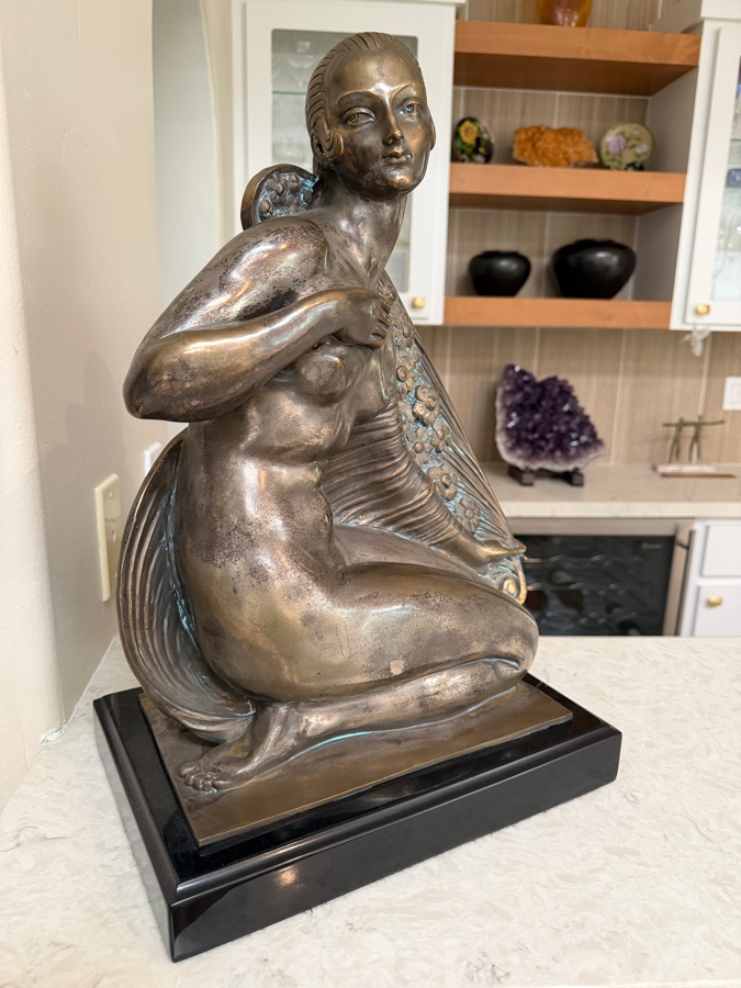 Just Added - Joe Descomps (French, 1869-1950) Silvered Bronze Art Deco Sculpture On Granite Plinth Titled 'Crouching Figure' / 'Beauty Of Paris' / 'Cape Girl' 14W X 9D X 19.5H [Photo 12]