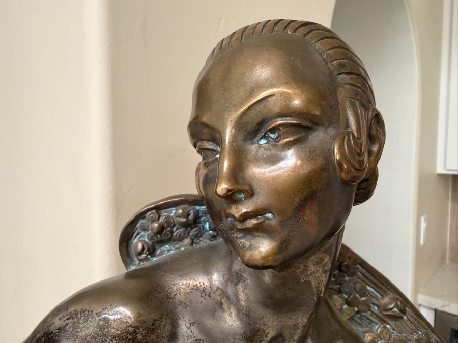 Just Added - Joe Descomps (French, 1869-1950) Silvered Bronze Art Deco Sculpture On Granite Plinth Titled 'Crouching Figure' / 'Beauty Of Paris' / 'Cape Girl' 14W X 9D X 19.5H [Photo 10]