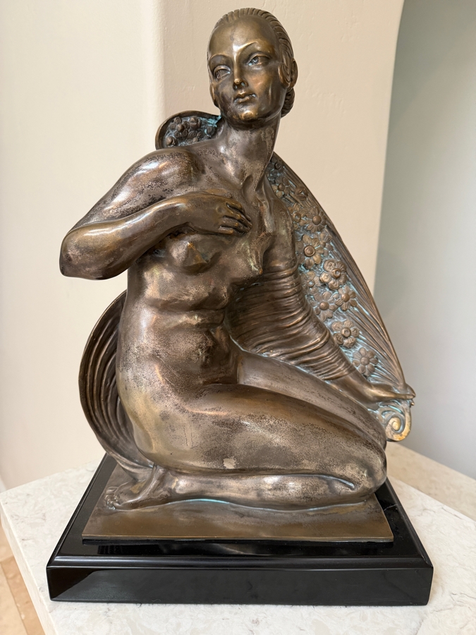 Just Added - Joe Descomps (French, 1869-1950) Silvered Bronze Art Deco Sculpture On Granite Plinth Titled 'Crouching Figure' / 'Beauty Of Paris' / 'Cape Girl' 14W X 9D X 19.5H [Photo 2]