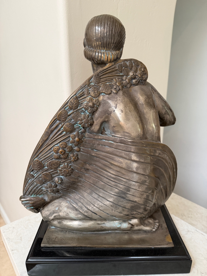 Just Added - Joe Descomps (French, 1869-1950) Silvered Bronze Art Deco Sculpture On Granite Plinth Titled 'Crouching Figure' / 'Beauty Of Paris' / 'Cape Girl' 14W X 9D X 19.5H [Photo 6]
