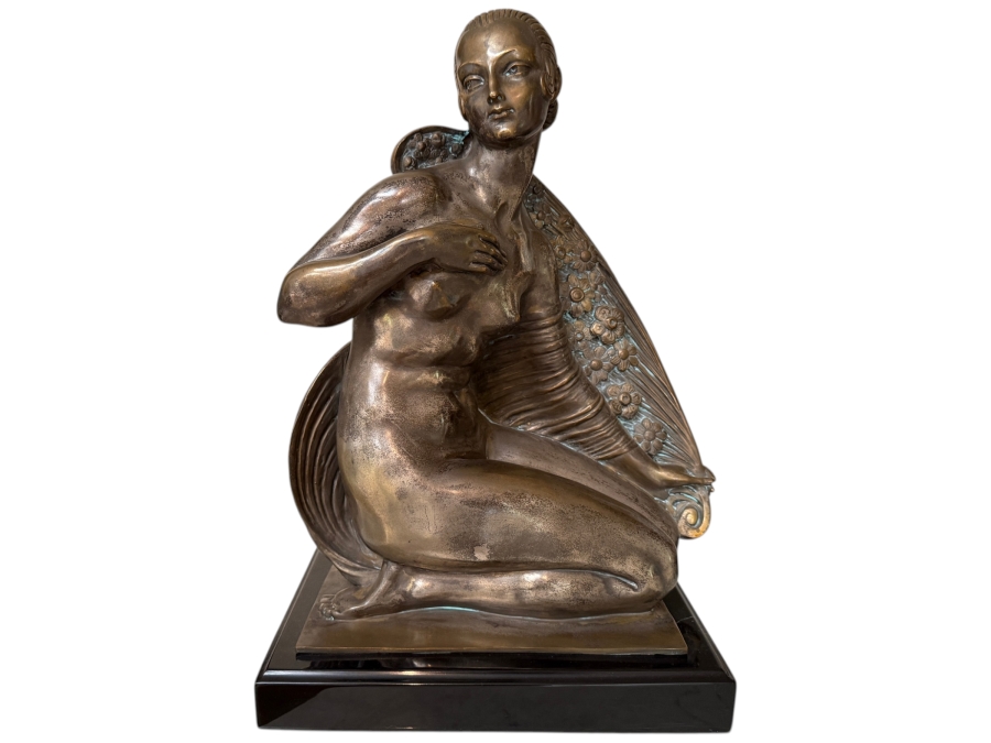 Just Added - Joe Descomps (French, 1869-1950) Silvered Bronze Art Deco Sculpture On Granite Plinth Titled 'Crouching Figure' / 'Beauty Of Paris' / 'Cape Girl' 14W X 9D X 19.5H