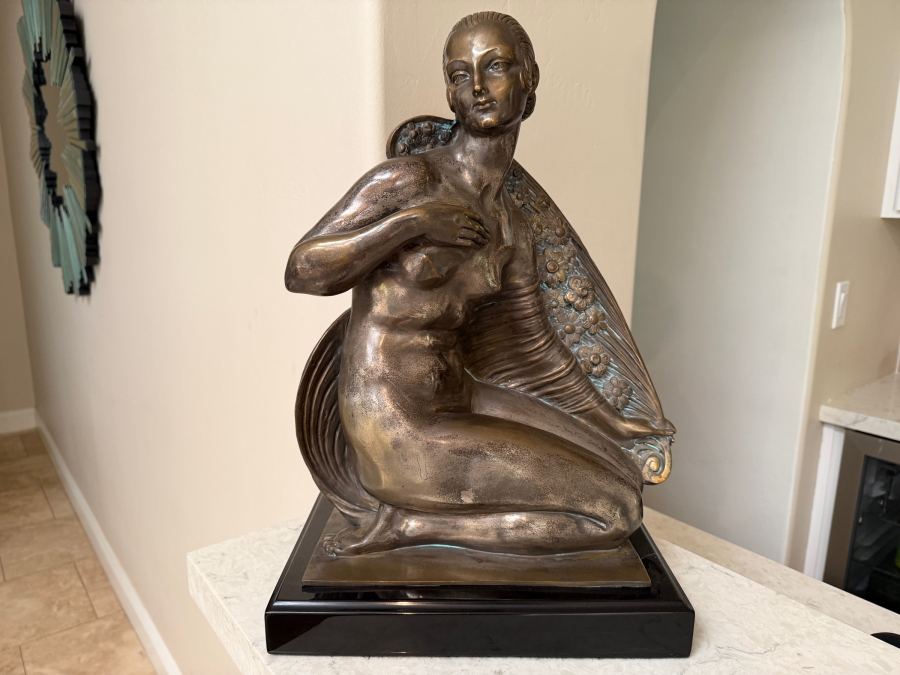 Just Added - Joe Descomps (French, 1869-1950) Silvered Bronze Art Deco Sculpture On Granite Plinth Titled 'Crouching Figure' / 'Beauty Of Paris' / 'Cape Girl' 14W X 9D X 19.5H [Photo 3]