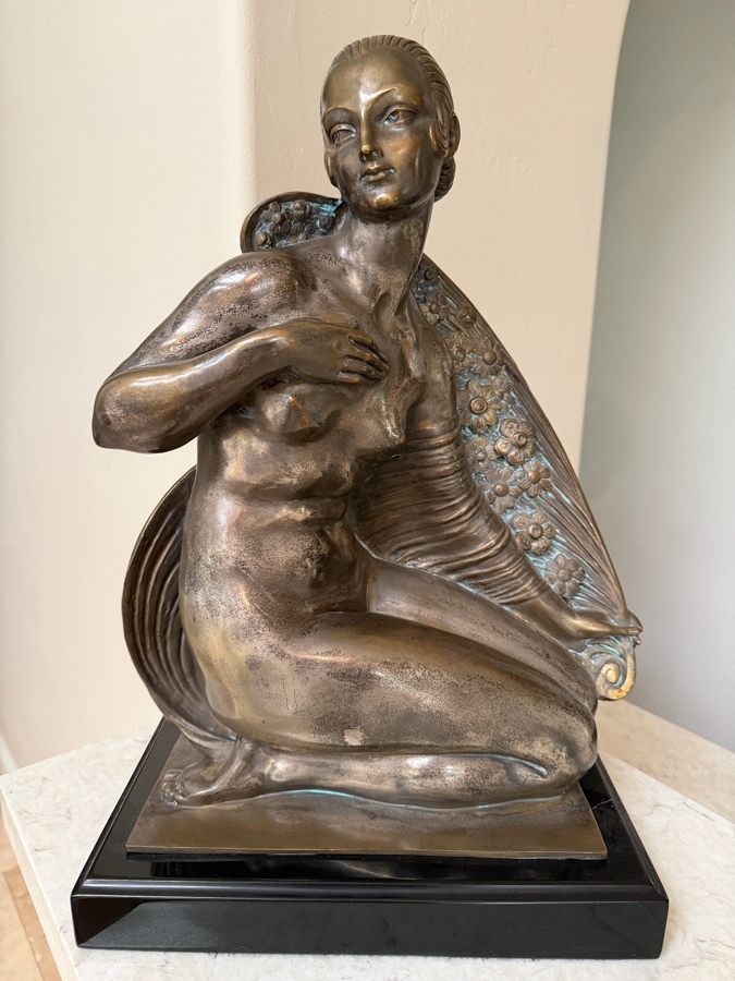 Just Added - Joe Descomps (French, 1869-1950) Silvered Bronze Art Deco Sculpture On Granite Plinth Titled 'Crouching Figure' / 'Beauty Of Paris' / 'Cape Girl' 14W X 9D X 19.5H [Photo 4]