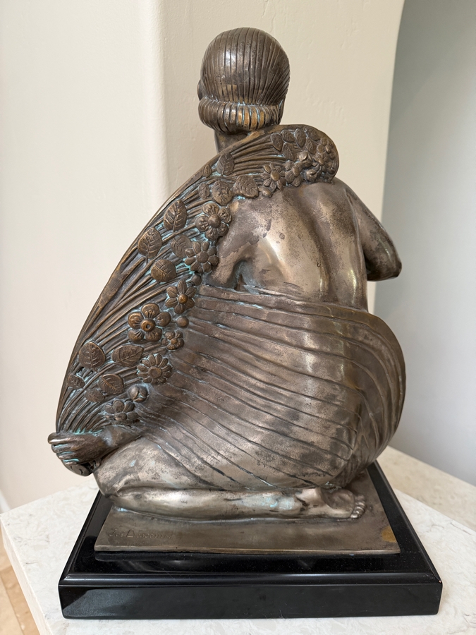 Just Added - Joe Descomps (French, 1869-1950) Silvered Bronze Art Deco Sculpture On Granite Plinth Titled 'Crouching Figure' / 'Beauty Of Paris' / 'Cape Girl' 14W X 9D X 19.5H [Photo 5]