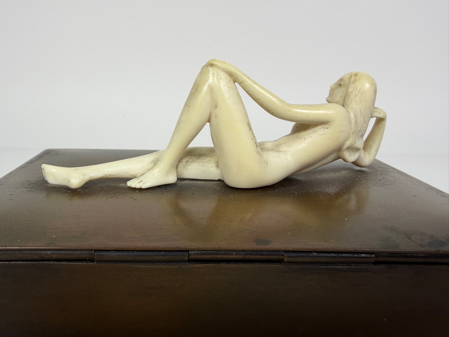 Just Added - Vintage Collectible Bronze Footed Box Adorned With A Sculpted Bone Female Figure With Panel Inlays 6W X 3D X 4H [Photo 9]