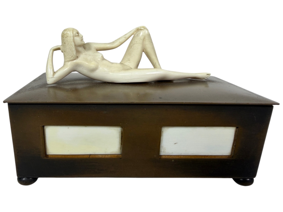 Just Added - Vintage Collectible Bronze Footed Box Adorned With A Sculpted Bone Female Figure With Panel Inlays 6W X 3D X 4H