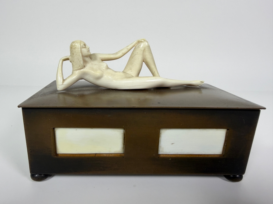 Just Added - Vintage Collectible Bronze Footed Box Adorned With A Sculpted Bone Female Figure With Panel Inlays 6W X 3D X 4H [Photo 2]