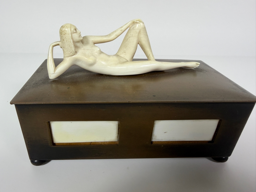 Just Added - Vintage Collectible Bronze Footed Box Adorned With A Sculpted Bone Female Figure With Panel Inlays 6W X 3D X 4H [Photo 3]