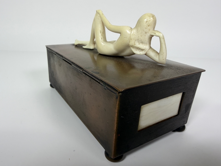 Just Added - Vintage Collectible Bronze Footed Box Adorned With A Sculpted Bone Female Figure With Panel Inlays 6W X 3D X 4H [Photo 10]