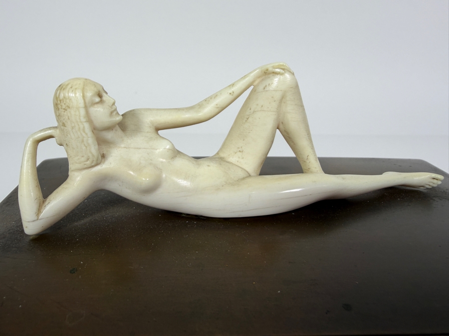 Just Added - Vintage Collectible Bronze Footed Box Adorned With A Sculpted Bone Female Figure With Panel Inlays 6W X 3D X 4H [Photo 4]