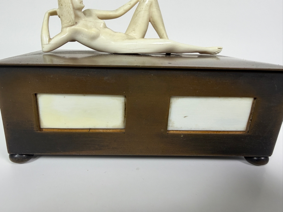 Just Added - Vintage Collectible Bronze Footed Box Adorned With A Sculpted Bone Female Figure With Panel Inlays 6W X 3D X 4H [Photo 5]