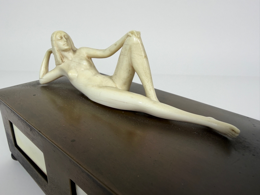 Just Added - Vintage Collectible Bronze Footed Box Adorned With A Sculpted Bone Female Figure With Panel Inlays 6W X 3D X 4H [Photo 7]