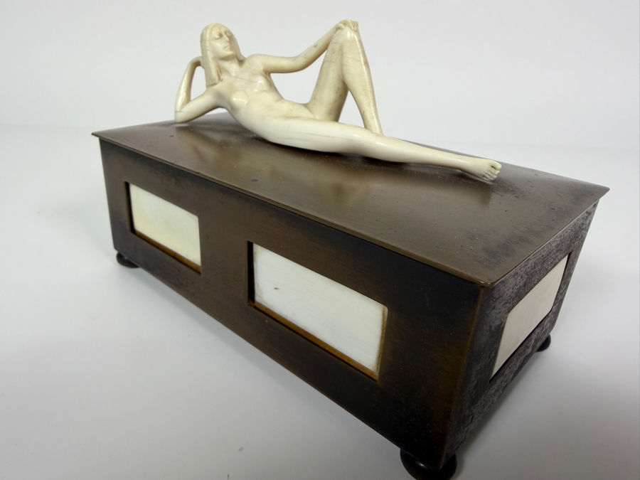 Just Added - Vintage Collectible Bronze Footed Box Adorned With A Sculpted Bone Female Figure With Panel Inlays 6W X 3D X 4H [Photo 6]