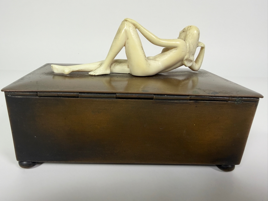 Just Added - Vintage Collectible Bronze Footed Box Adorned With A Sculpted Bone Female Figure With Panel Inlays 6W X 3D X 4H [Photo 8]