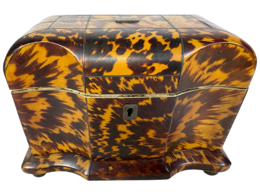 Just Added - Antique Georgian Tortoise Shell Tea Caddy 7.75'W X 4.5'D X 5.5'H