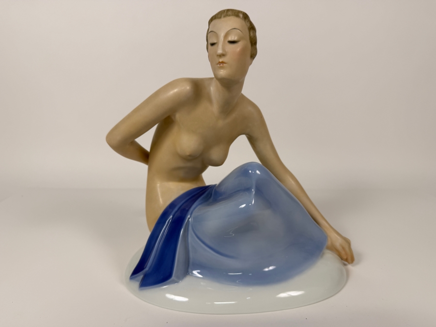 Just Added - Antique Art Deco Rosenthal Porcelain Figurine 'Bather' By Gerhard Schliepstein, Circa 1932 9'W X 9'H [Photo 2]