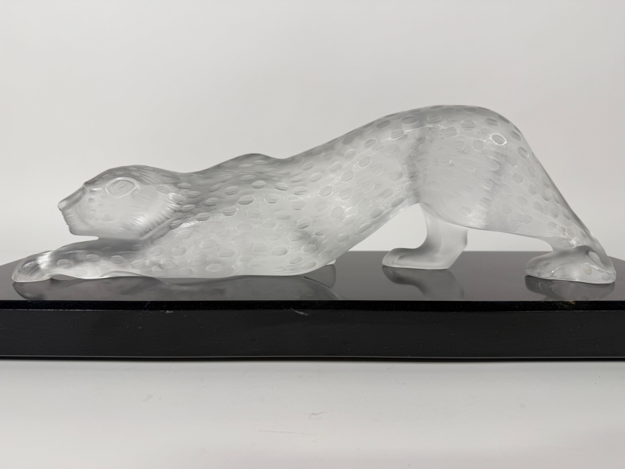 Just Added - Large Vintage French Lalique Zeila Panther Frosted Crystal Glass Sculpture 14.5'W X 4'H On Granite Base 18'L X 6'W [Photo 2]