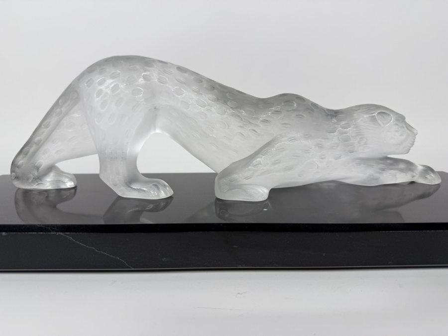 Just Added - Large Vintage French Lalique Zeila Panther Frosted Crystal Glass Sculpture 14.5'W X 4'H On Granite Base 18'L X 6'W [Photo 9]