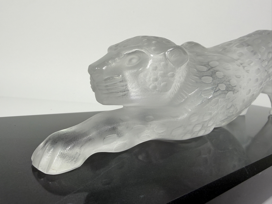 Just Added - Large Vintage French Lalique Zeila Panther Frosted Crystal Glass Sculpture 14.5'W X 4'H On Granite Base 18'L X 6'W [Photo 6]